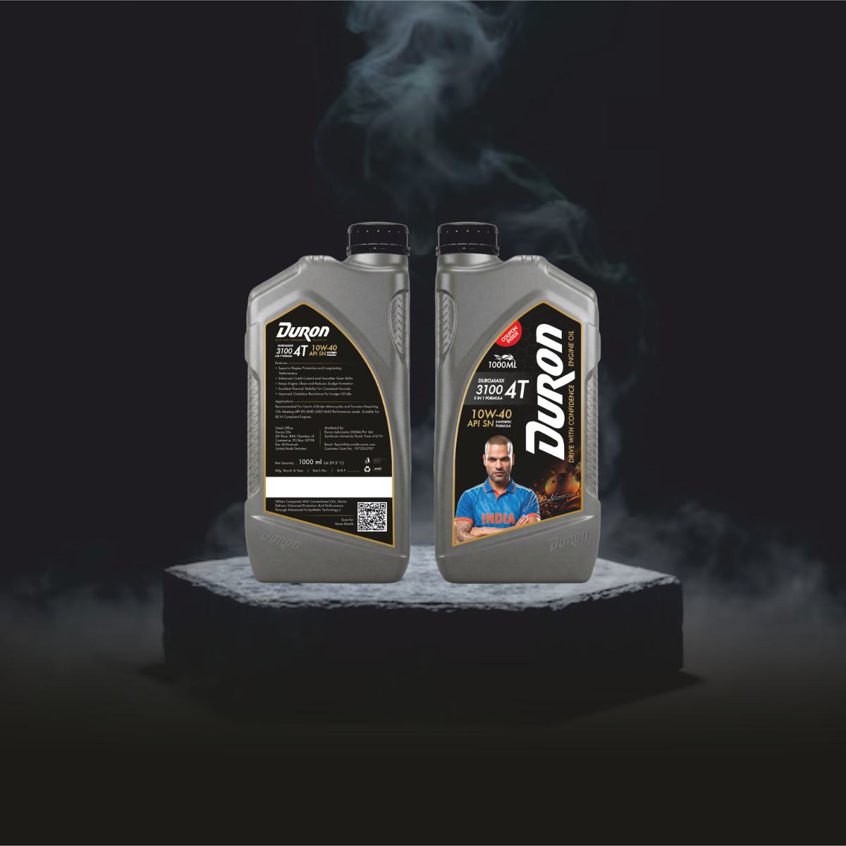 Duron DUROSYNTH 5100 4T 10W-40 fully synthetic motorcycle engine oil bottle, black-gold design.